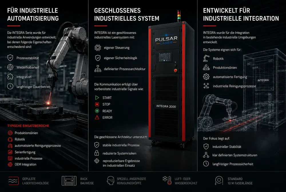 Seznamte se s pulzním laserovým systémem INTEGRA s výkonem 300 W, 500 W, 1000 W a 2000 W. Podle výkonové varianty jsou systémy chlazené vzduchem nebo vodou. Připraveno pro robotická a automatizovaná pracoviště.